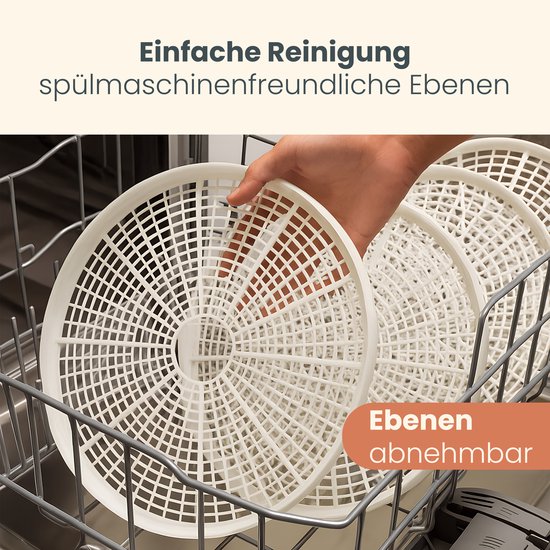 Hand legt een wit, rond droogrek in een vaatwasser. Tekst: "Eenvoudige reiniging, vaatwasmachinebestendige niveaus".