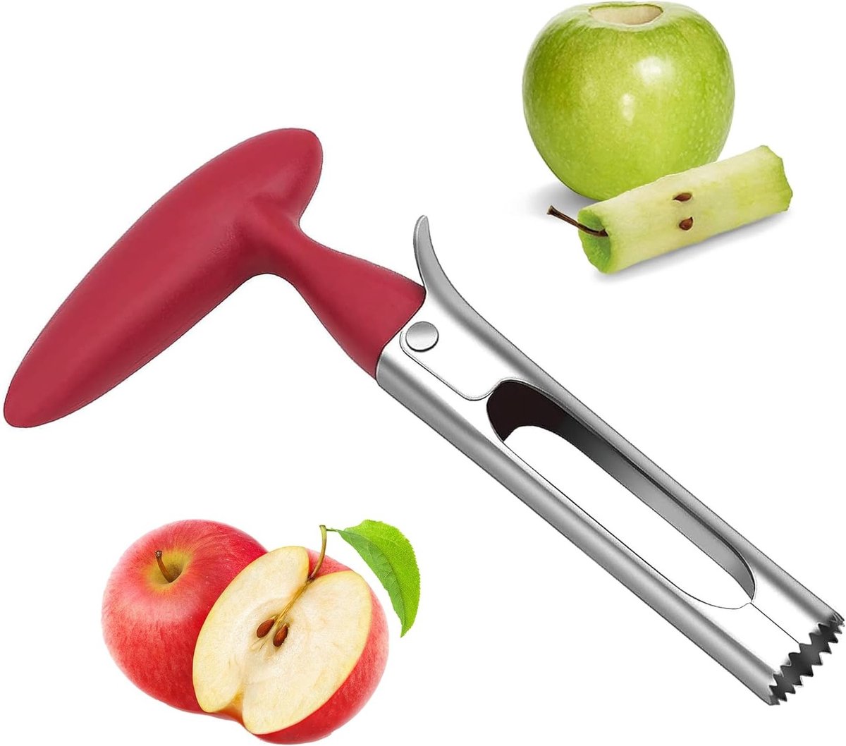 RVS Appelschijfjes Snijder met Rode Handgreep, Ideaal voor Appels, Peren en Fruitsoorten