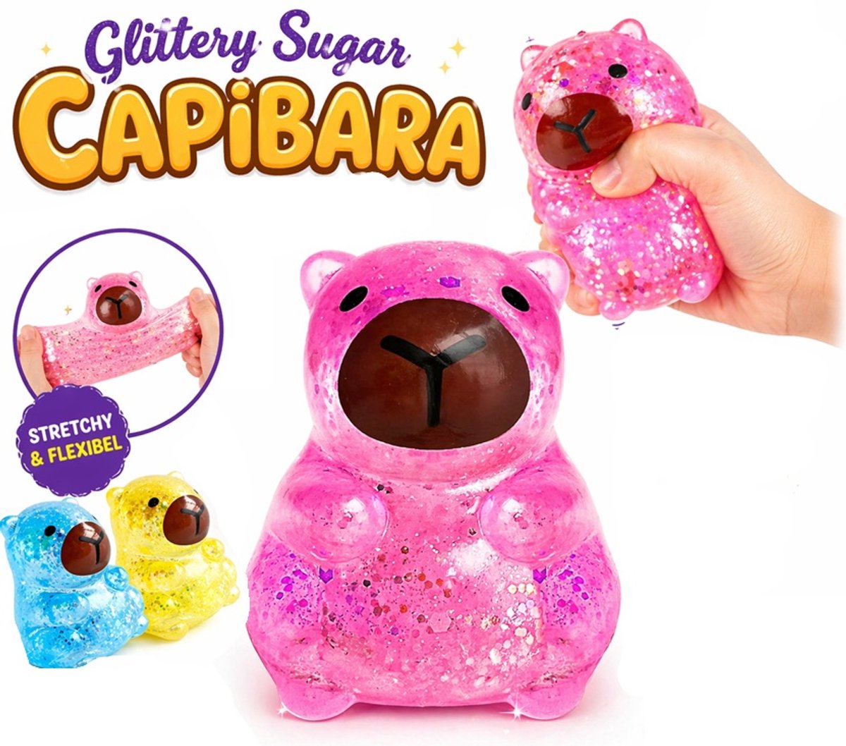 Glitter Capibara Squishy Suikergel - 1 exemplaar - Kinderen - Volwassenen - Knijpbal - Voor de hand - Spaar ze allemaal - 7 cm