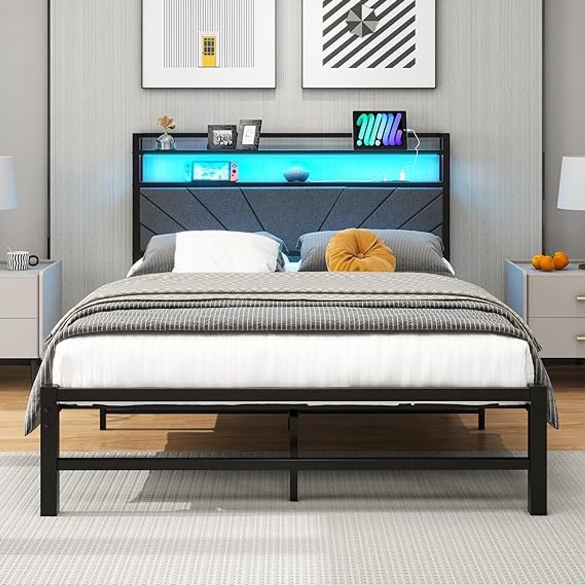 Gestoffeerd LED Bedframe met Oplaadstation - 120x200 cm - Arqam