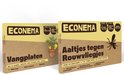 Twee Econema pakken: Vangplaten (geel en klevend, effectief tegen vliegen) en Aaltjes tegen Rouw­vliegjes (larven bestrijden).