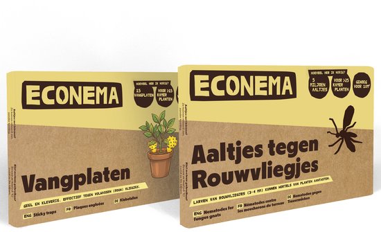 Twee Econema pakken: Vangplaten (geel en klevend, effectief tegen vliegen) en Aaltjes tegen Rouw­vliegjes (larven bestrijden).