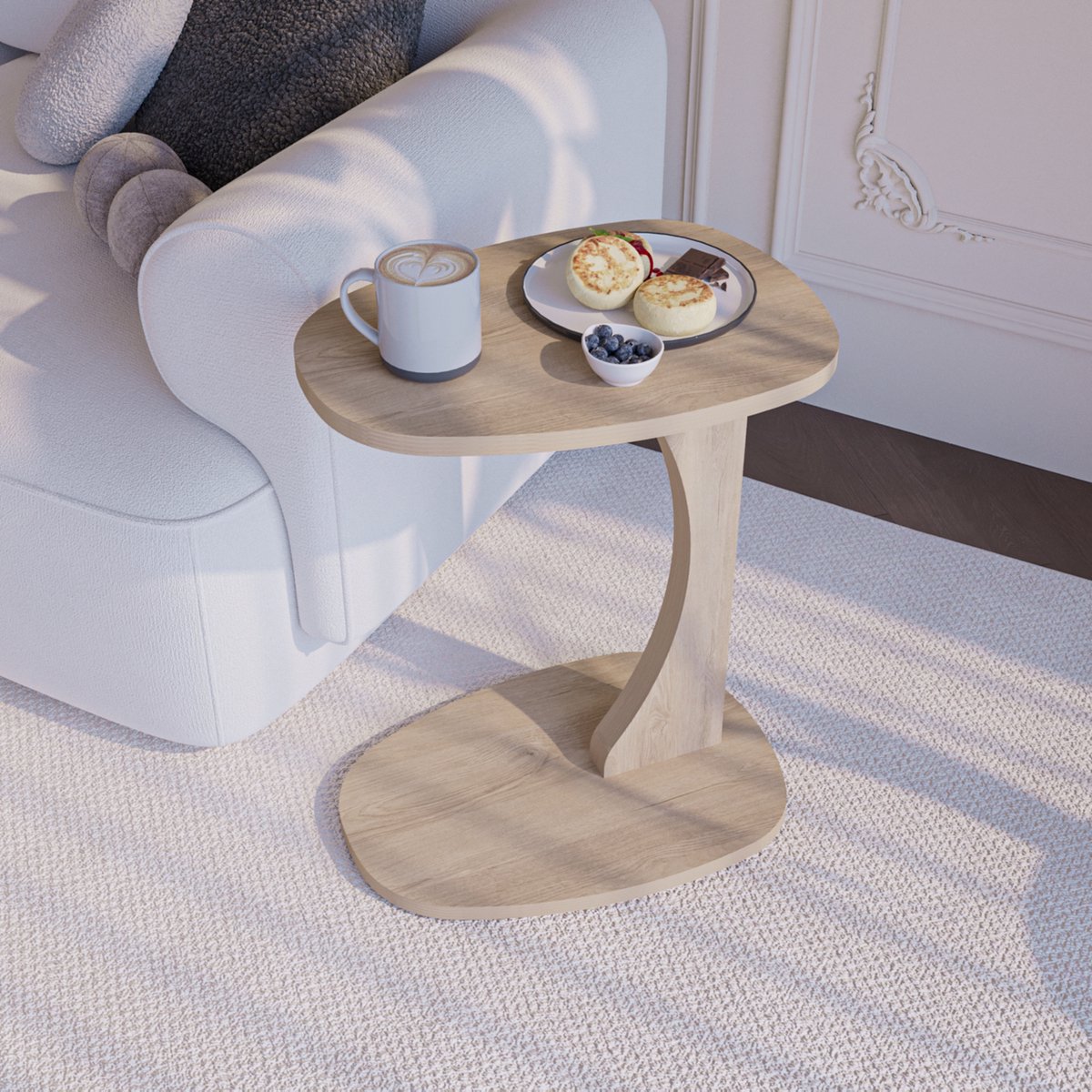 sugodesign Norma Bijzettafel - Bijzettafel met wielen - Bedtafeltje met Wielen - Rookeiken bijzettafel C-vorm - kleine stijlvolle salontafel