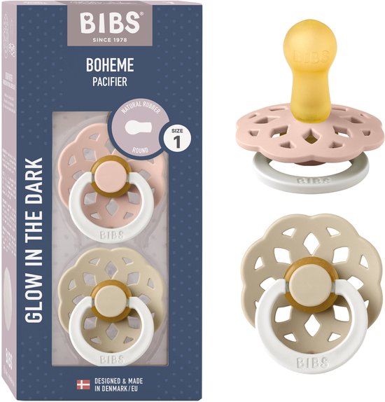 Doos met twee BIBS Boheme spenen (roze en zandkleurig) en twee losse spenen ernaast. 'Glow in the dark'.