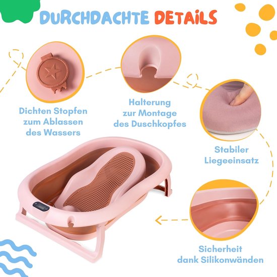 moovkee. Opvouwbaar Babybad 80 cm Donkerroze - Babybadewanne met Thermometer en Badesitz - Antislip Draagbare Babybadkuip voor 0-36 Maanden — afbeelding 3