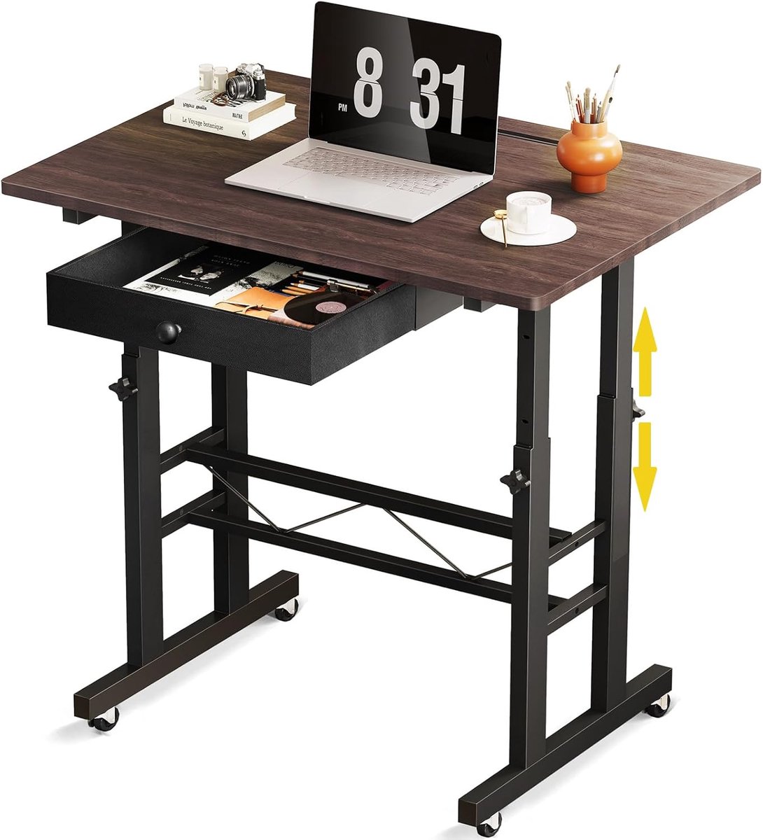 GTPLAYER - Hoogteverstelbaar Bureau - Met Lades en Rollen 80x50 cm - Zwart