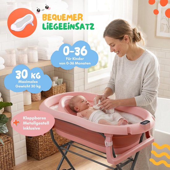 moovkee. Babybad met Standaard 80 cm - Opvouwbare Babybadewanne Donkerroze met Thermometer, Badesitz en Afvoersysteem - Veilig Babybad voor Pasgeborenen — afbeelding 4