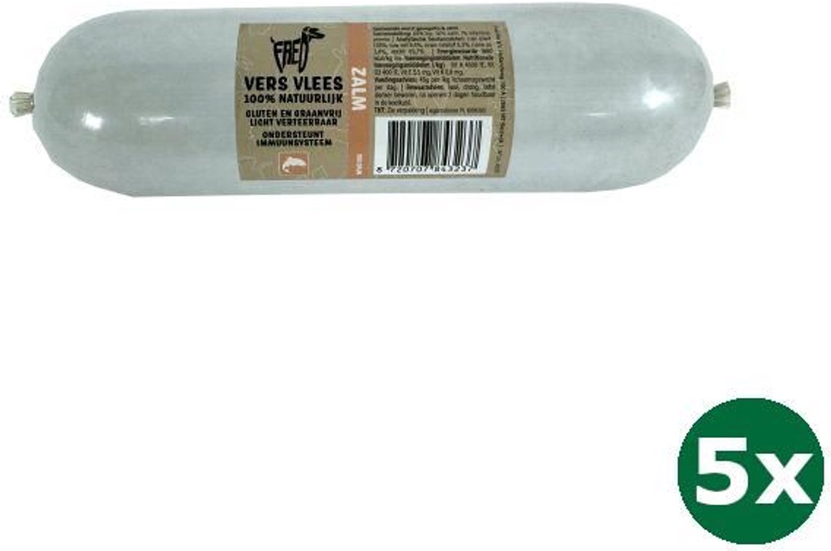Freds 5x900 gr Freds gestoomd vers vlees worst zalm graan en glutenvrij hondenvoer