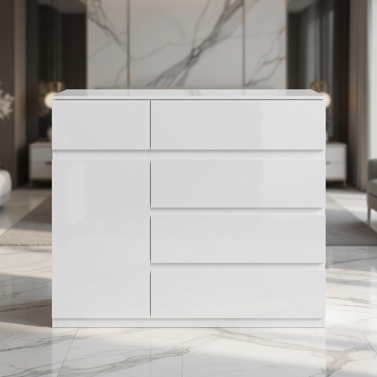 Moderne Witte Ladekast met 5 Lades en 1 Deurkast – Multifunctionele Commode met Verstelbare Plank – Dressoir voor Slaapkamer, Woonkamer en Hal – 100 x 80 x 40 cm – Stabiele Spaanplaat E1Mobili Bella