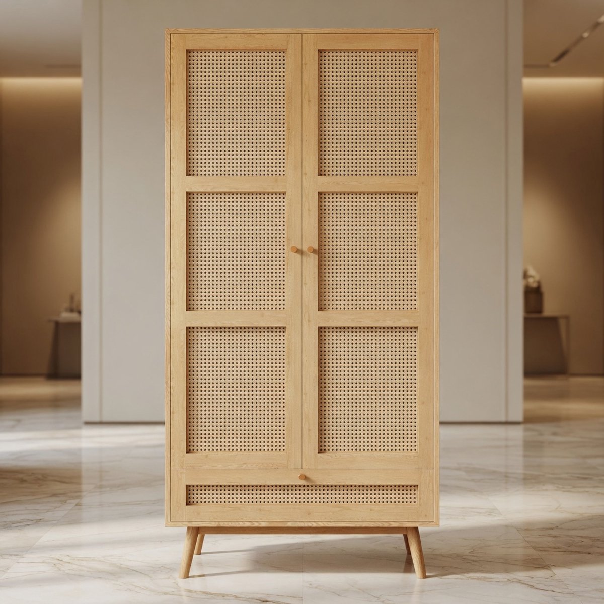 Rotan Kledingkast 2-Deurs met Kledingstang en Opbergvak – Natuurlijke Houten Look – Moderne Garderobekast met Onderste Opbergkist – 90x45x183 cm – Slaapkamer & Woonkamer Kast Naturel Mobili Bella