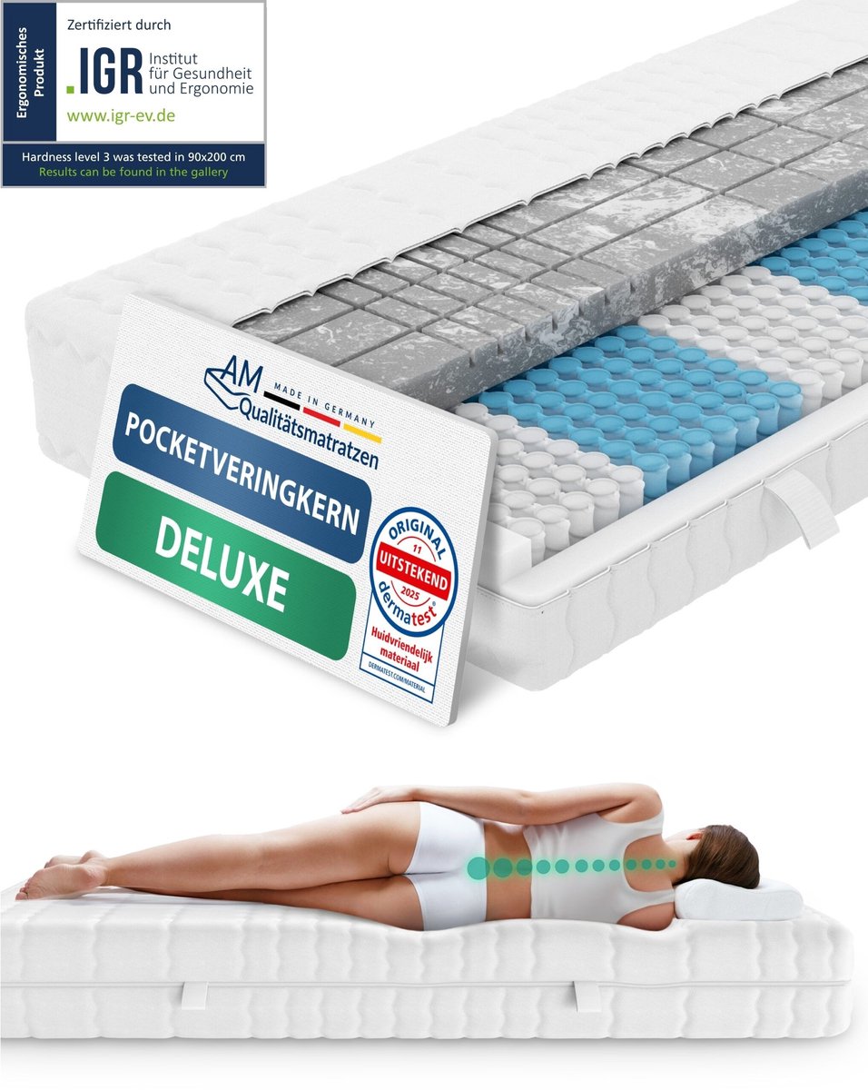 AM Qualitätsmatratzen 3D Deluxe pocketveringmatras 200 x 200 cm H3 24cm - Made in Germany & OEKO TEX-gecertificeerd - Ergonomisch matras met Lyocell-hoes - 7-zone pocketveringmatras Wit
