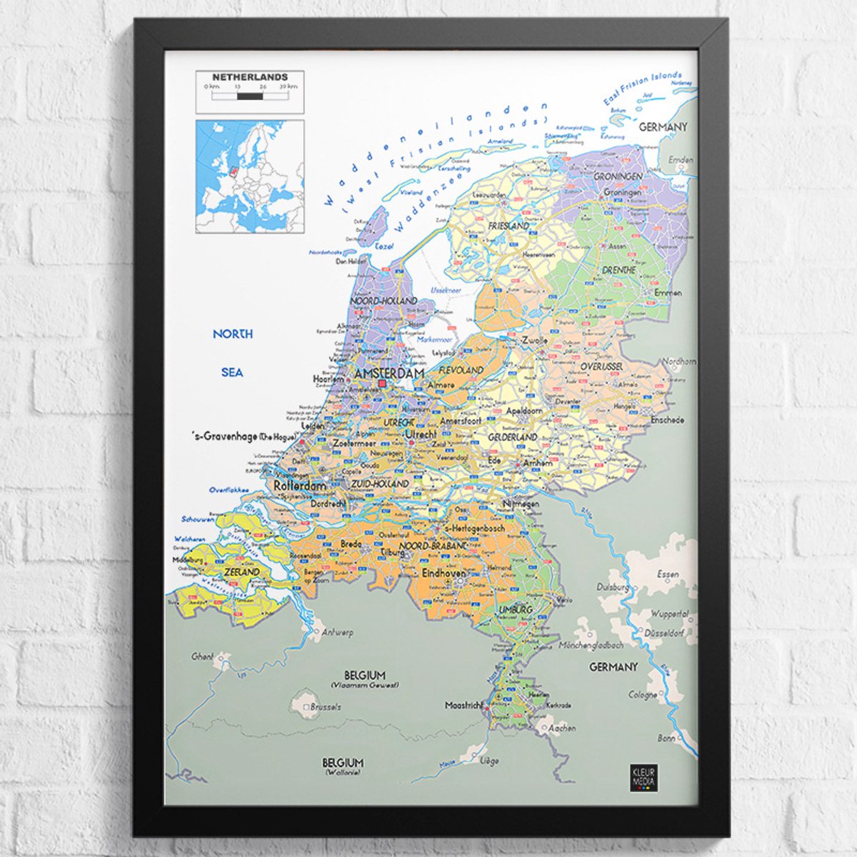 Kleurmedia Poster Nederland Kaart - A1+ 61 x 91,5 cm – Nederlandse Kaart Poster – Provincies en Plaatsnamen – Geschikt om in te lijsten Nederland A1 Poster
