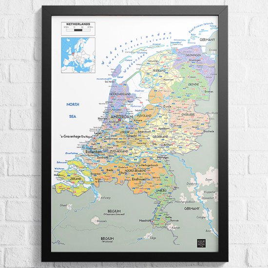 Poster Nederland Kaart - A1+ 61 x 91,5 cm – Nederlandse Kaart Poster – Provincies en Plaatsnamen – Geschikt om in te lijsten