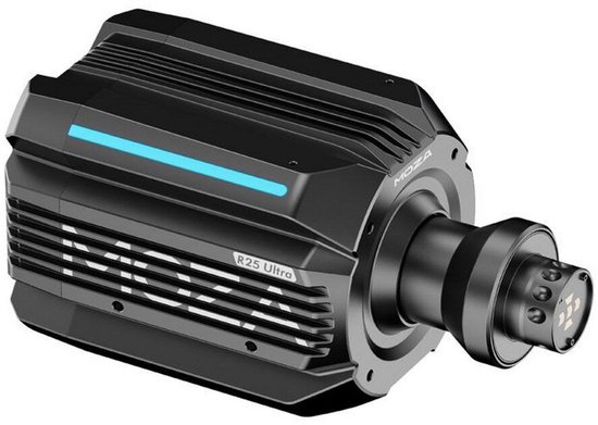 Zwarte MOZA R25 Ultra stuurbasis met blauwe LED-strip en zilveren MOZA-logo.