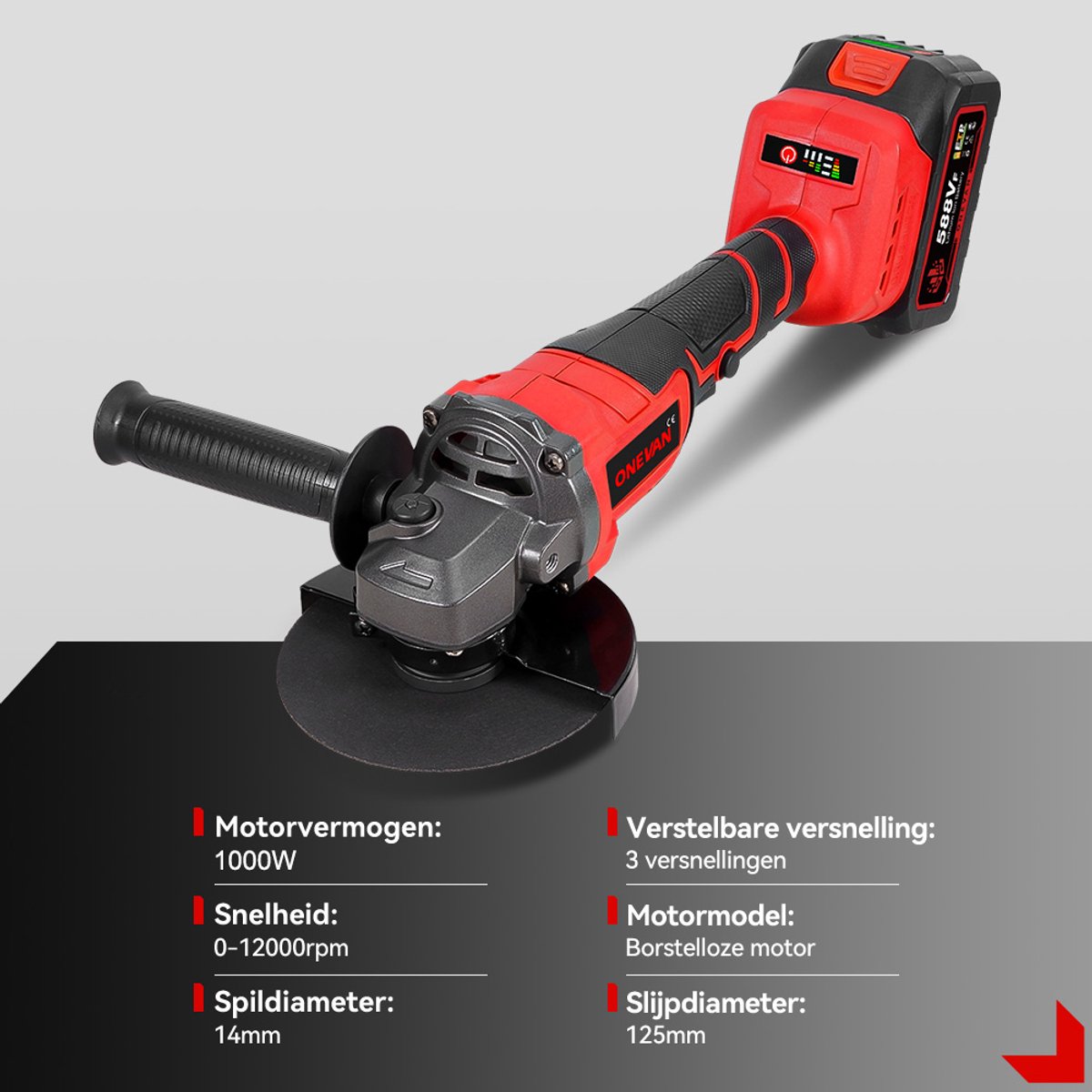 ONEVAN Haakse Slijper - Ø 125 mm Draadloze Slijptol - Elektrische Slijpmachine - Borstelloze slijper - mit 2x Accu’s -3 snelheden - voor snijden, slijpen en polijsten – foto 2