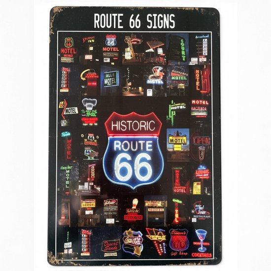 Plaque métallique noire avec 'ROUTE 66 SIGNS' et un collage de panneaux néon de motels et restaurants sur la Route 66.