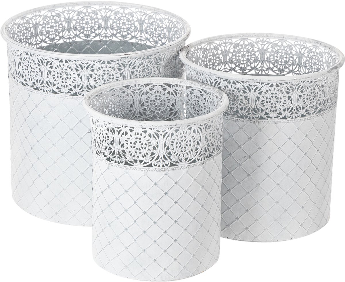 Bloempot met kantpatroon, metalen schaal, decoratieve emmer wit, zilve