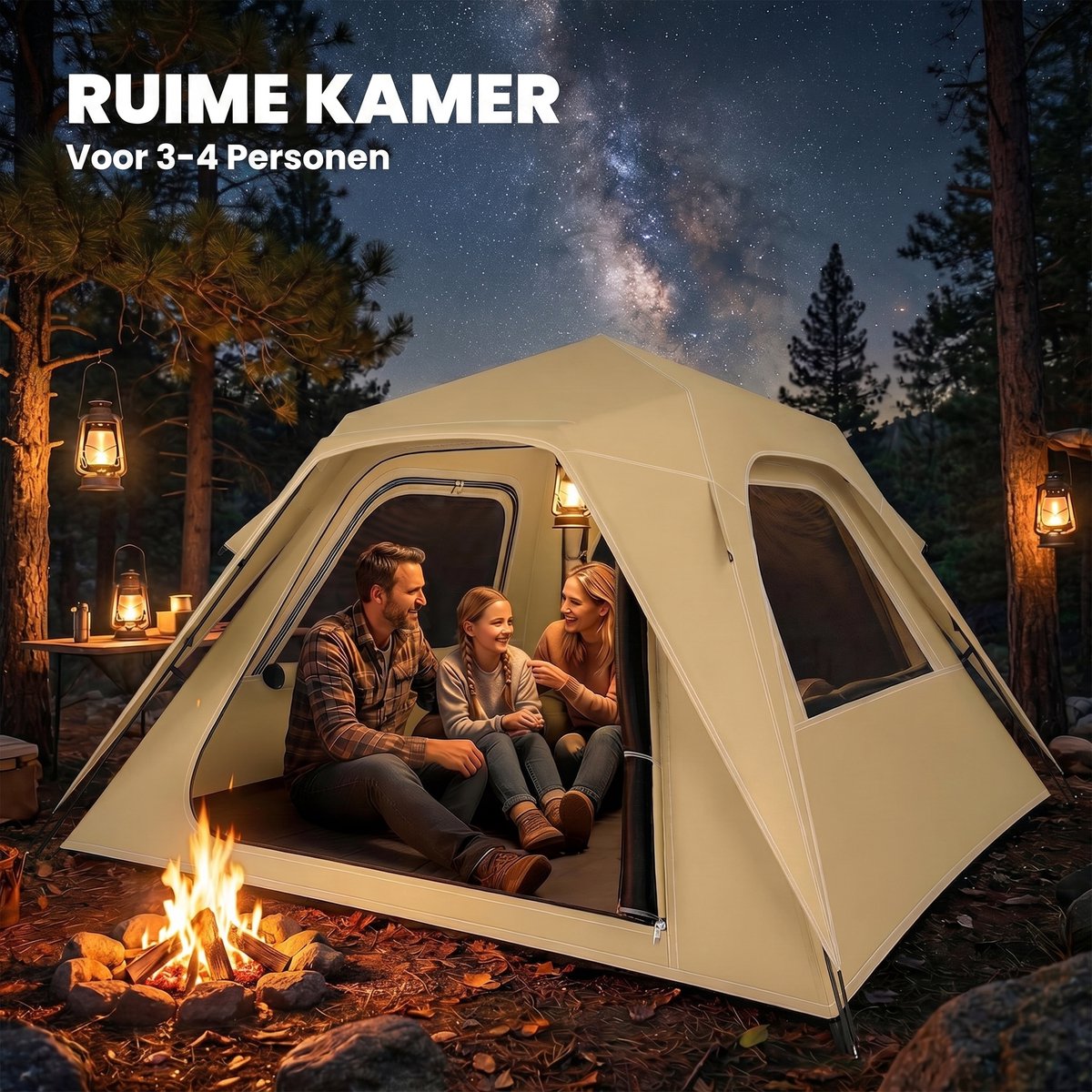 Familietent - 2-3Personen - Kampeertent - Camping Tent - Inclusief waterdichte regenhoes (3000 mm) en opbergtas - Snel Opzetbaa - Voor Camping & Outdoor - UV-bestendig - 240x240x160cm - Khaki – foto 5