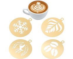 Set van 4 RVS Latte Art Stencils voor Cappuccino en Cake Decoratie - Ideaal voor Thuis en Cafés - Inclusief 4 Unieke Patronen