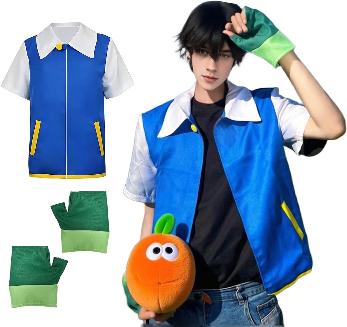 Classic Anime Cosplay Kostuum voor Volwassenen, Ash Ketchum Outfit met Jas en Handschoenen voor Carnaval, Themafeesten en Podiumoptredens