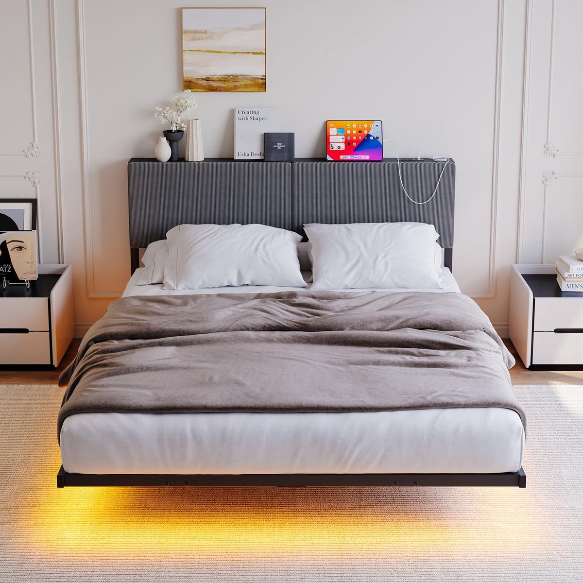 Drijvend LED Bedframe met Oplaadstation en Opberg Hoofdbord 120x200 cm – Modern Zwevend Design met USB & Type-C, Metalen Lattenbodem, Hoog Hoofdbord en Nachtverlichting, Donkergrijs/Zwart