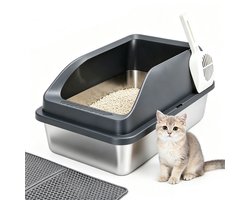 Nobleza Kattenbak RVS – Open Design – Met Hoge Rand & Antispat – Inclusief Kattenbakmat en Schep – 61 x 40,5 x 31 cm – Zilver/Grijs