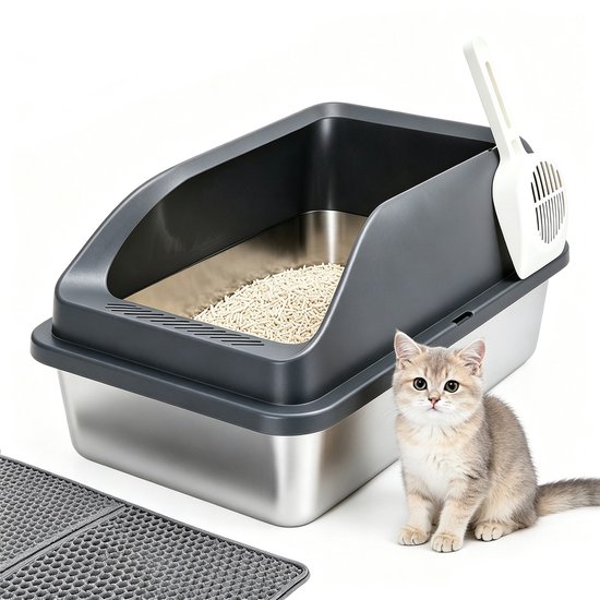 Nobleza Kattenbak RVS – Open Design – Met Hoge Rand & Antispat – Inclusief Kattenbakmat en Schep – 61 x 40,5 x 31 cm – Zilver/Grijs