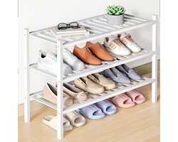 Smiry Schoenenrek - 3 Lagen - Bamboe Schoenenrek - Bamboe Schoenenkast -Voor 12 paar schoenen- 68x28x46.5cm - Bamboe - Wit