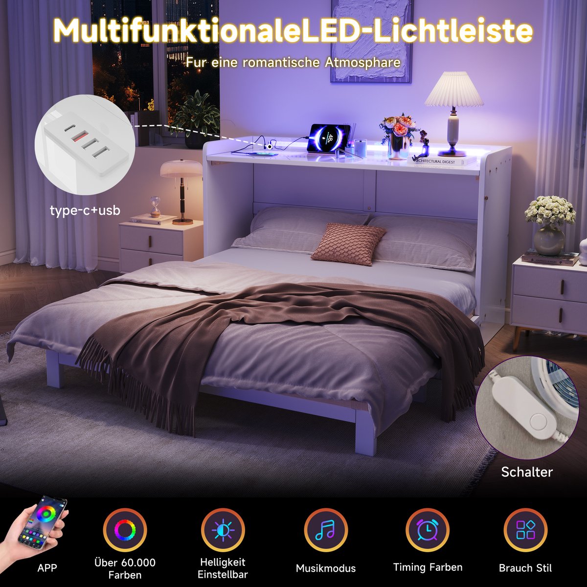 Merax Kastbed 140 x 200 cm - met laden - met USB en stopcontact - LED-verlichting - met hoogglanspanelen - zonder matras - wit