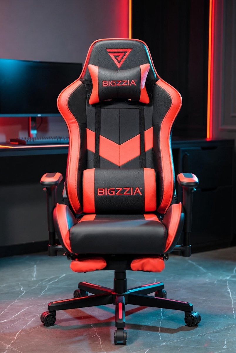 Ergonomische Gamingstoel met Voetensteun & Lendensteun – Verstelbaar 90°-155°, Comfortabel PU Leer, 360° Wielen – Zwart/Rood | Mobili Bella