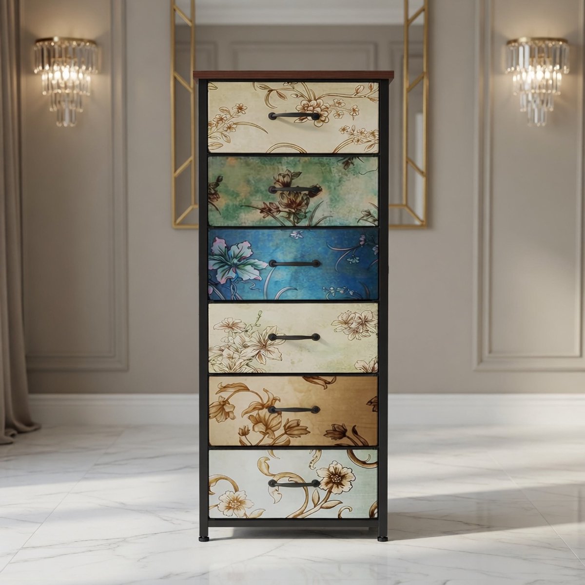 Smalle Hoge Ladekast met 6 Stoffen Lades – 40x30x115,5 cm – Vintage Bloemen Design – Ruimtebesparende Commode met Metalen Frame en Houten Bovenblad – Slaapkamer, Hal & Woonkamer Opbergkast – Mobili Bella