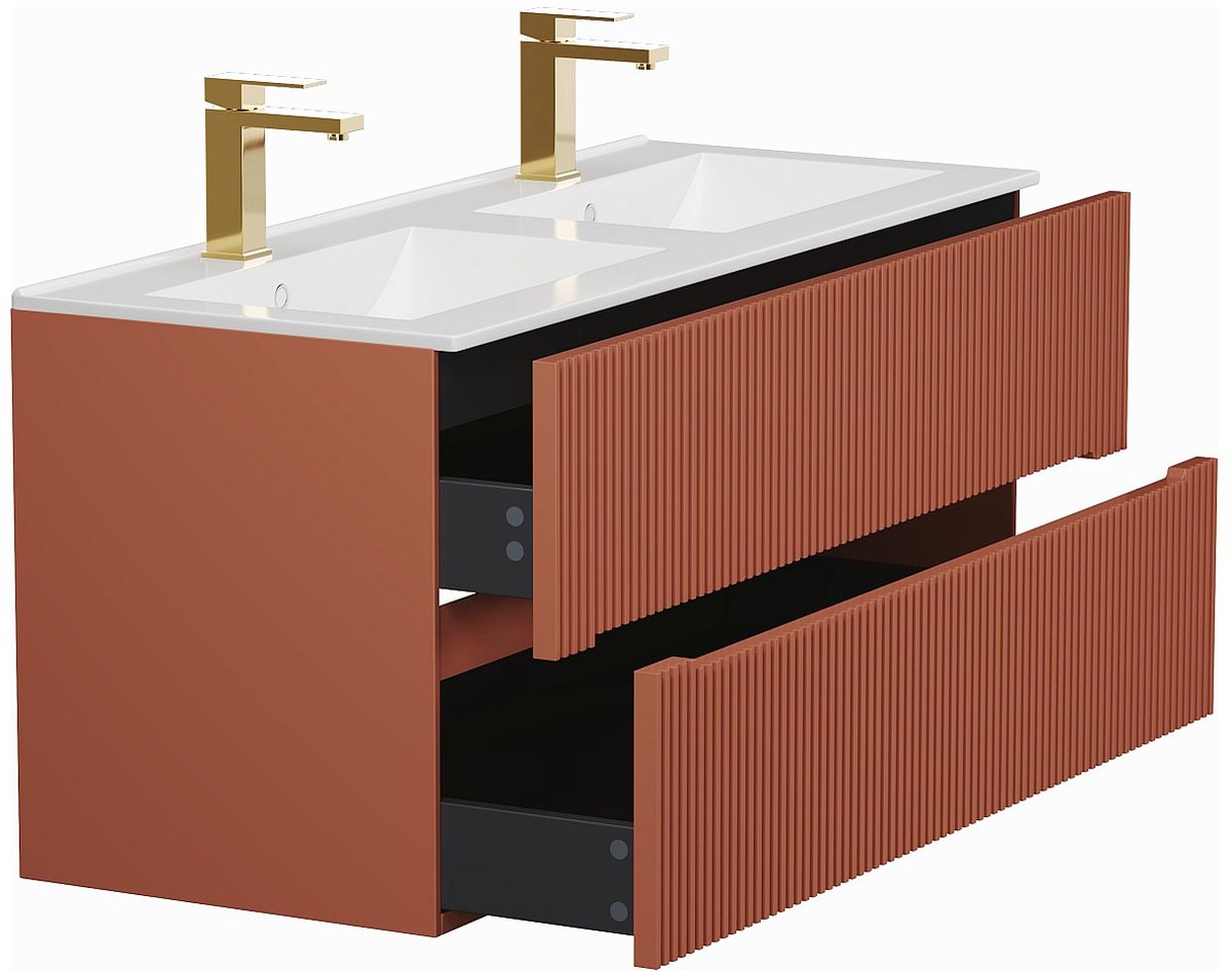 Vente-unique Zwevend, geribbeld badkamermeubel met inbouwwastafel en kraan - Terracotta - 120 cm - PAVANI