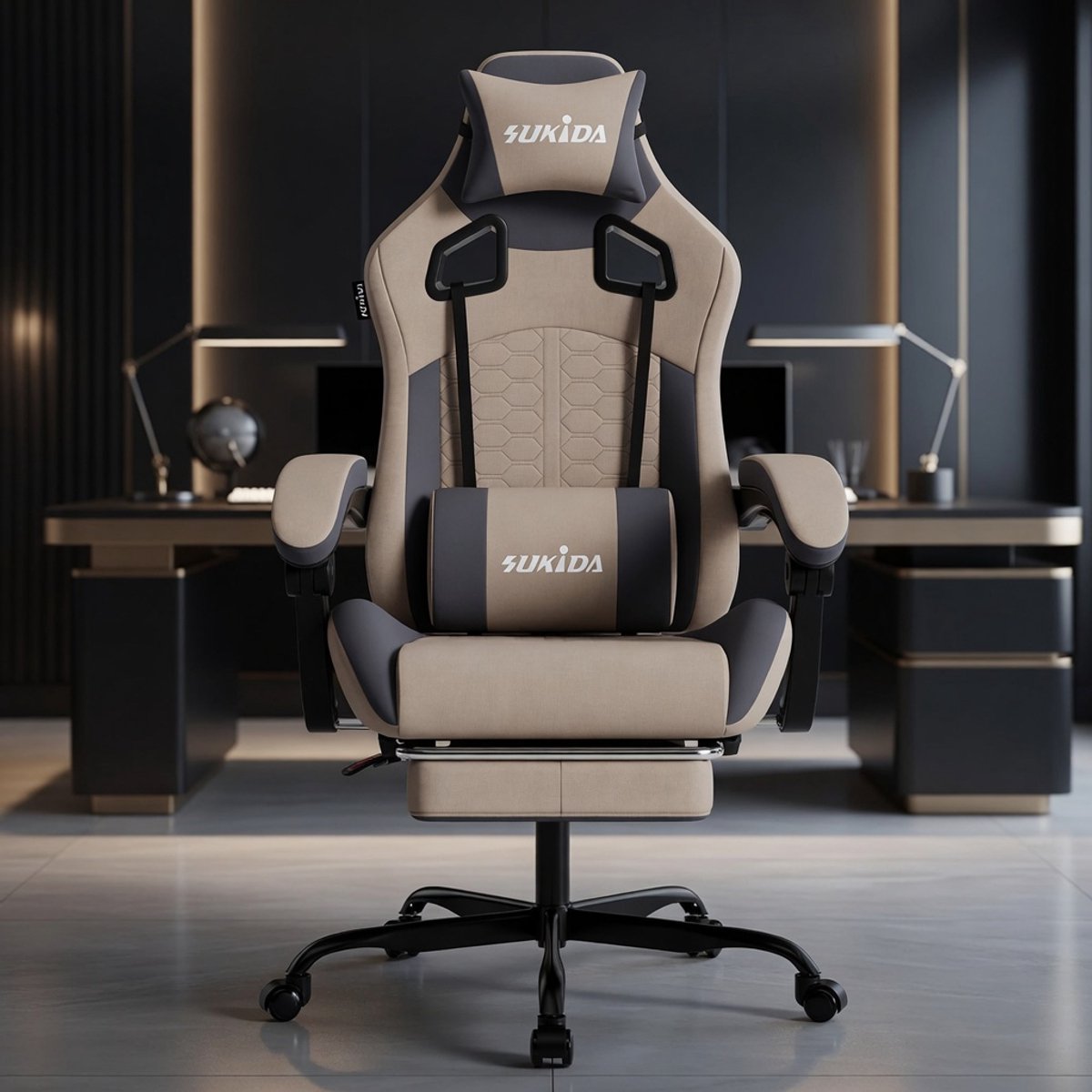 Ergonomische Gamingstoel met Voetensteun, Hoofdsteun en Lendensteun – Verstelbare Racestoel 90°–135°, Comfortabele Computerstoel van Tech-Stof tot 150 kg – Beige Grijs – Mobili Bella