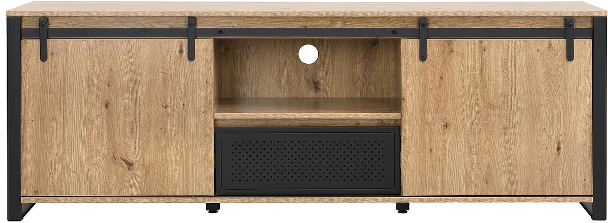 Vente-unique Tv-meubel met 2 schuifdeuren, 1 lade en 1 nis in MDF en zwart metaal - Naturel - BELINARO Natuurlijk licht