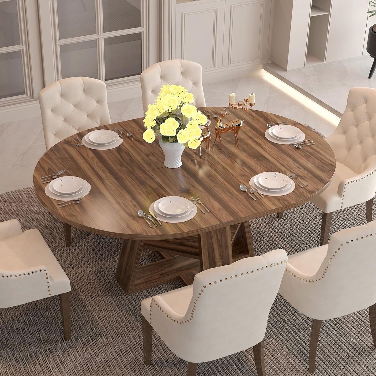 Eettafel Uittrekbaar - Ronde naar Ovale Eetkamertafel - 4 tot 6 Personen - Met Geïntegreerde Opbergkast & Houten Sokkel - 110/140x110x75 cm - Rustiek Bruin - Vermissen