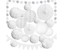 20 Stuks Witte Papieren Lantaarns Set voor Bruiloft Decoratie - Hangende Pom Pom Bloemen, Honingraat Ballen en Vlaggenlijn voor Bruid Shower en Verlovingsfeest
