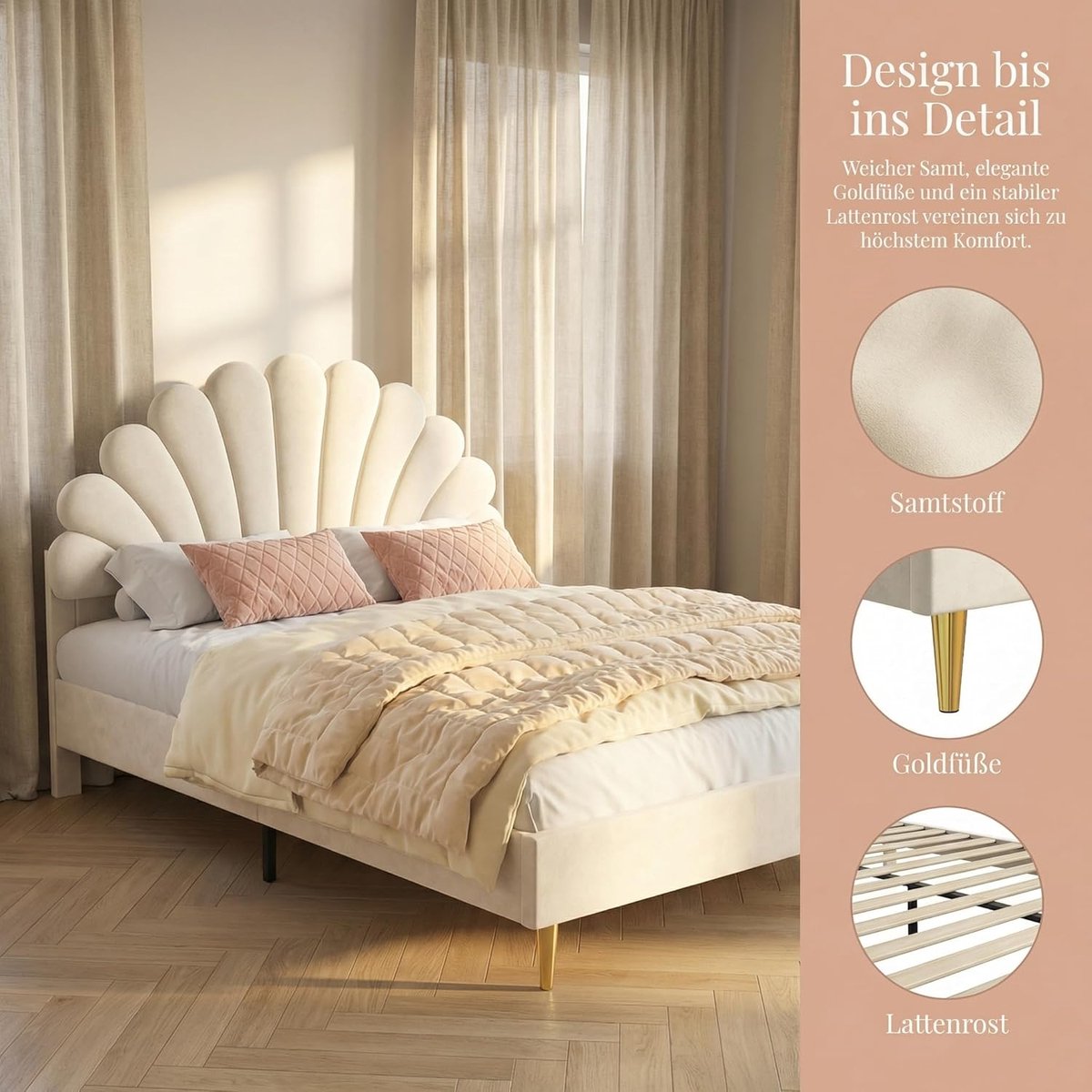 Gestoffeerd Tweepersoonsbed 140x200 cm – Luxe Fluwelen Bedframe met Bloemen Hoofdeinde & Lattenbodem – Stevig MDF Bed tot 250 kg Draagvermogen – Beige Design Bed voor Volwassenen & Tieners