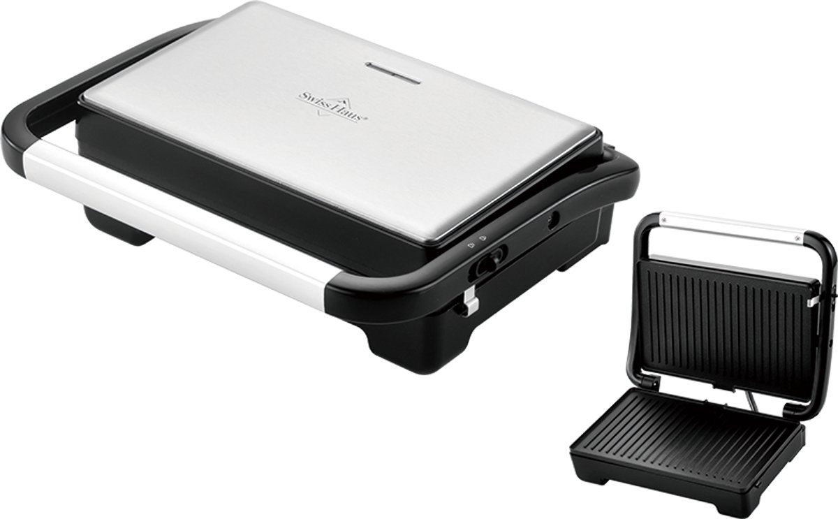 Swiss Haus® PG2228 Panini Grill 1600W – 28 x 17 cm - Contact Grill & Tosti Apparaat – PFAS Vrij Antiaanbaklaag – Cool Touch Handgreep – RVS Design – Zwart