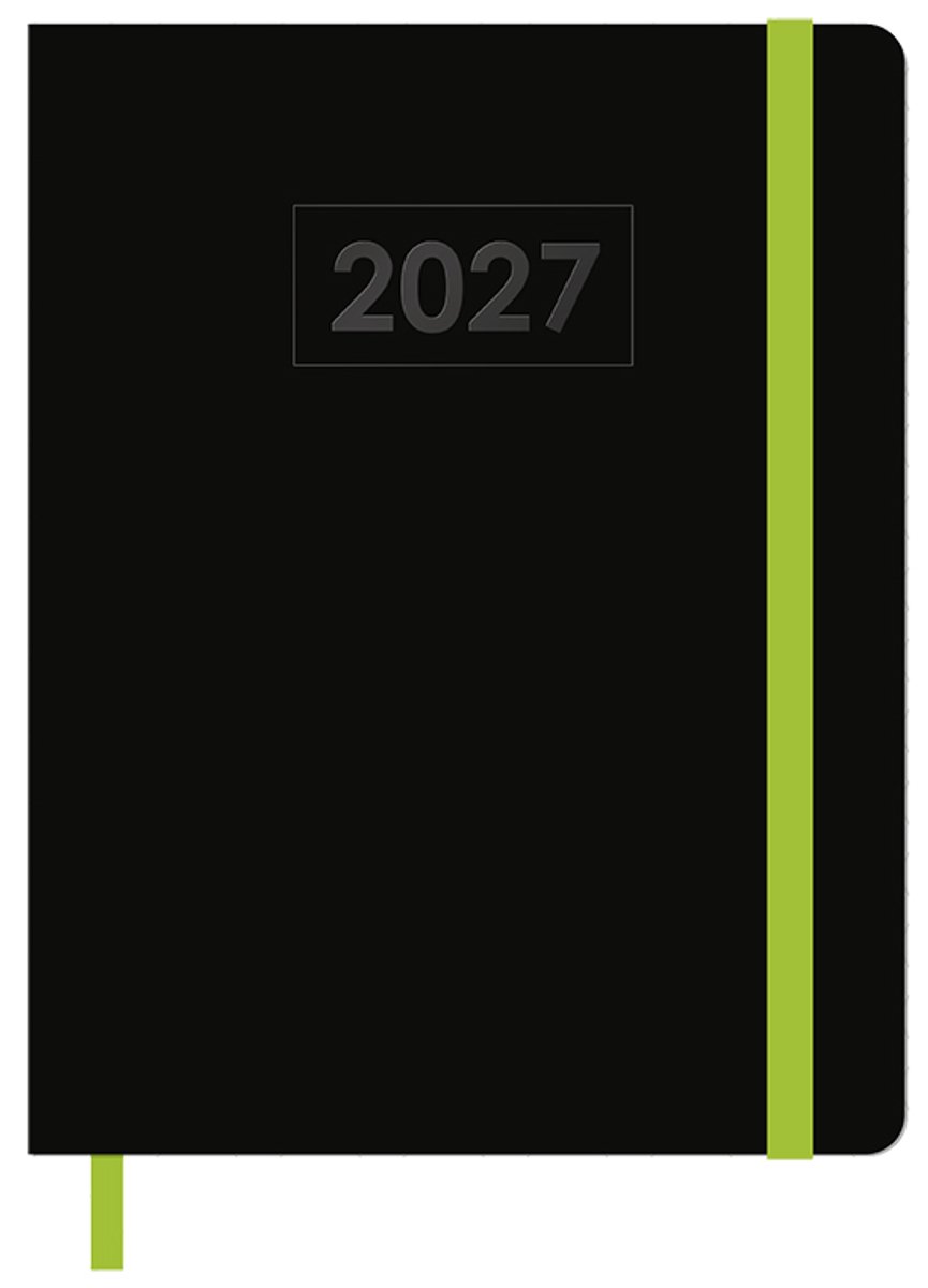 MGPcards - A5+ Agenda 2027 - Sluiting Elastiek - Weekoverzicht 1w/2p - Zwart + Groen elastiek - Ruime vakken - 19.5 x 24.5 cm