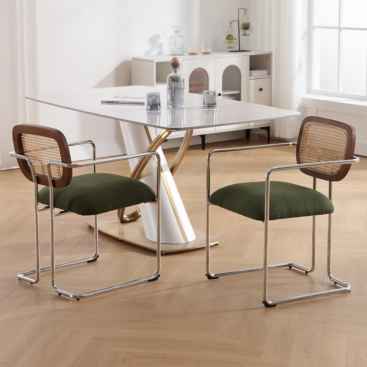 Eetkamerstoelen Set van 2 - Moderne Velvet & Rotan Accentstoelen - Linnen Bekleding met Armleuningen - Retro Design Keukenstoelen - 53x50x78 cm - Groen - Vermissen