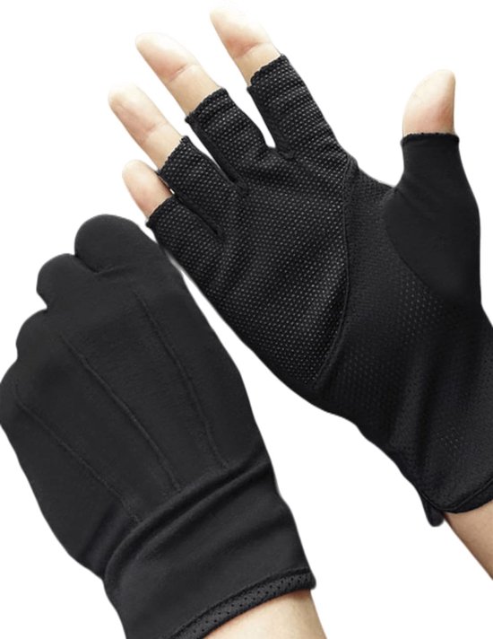 Zwarte vingerloze handschoen met een geperforeerde palm.