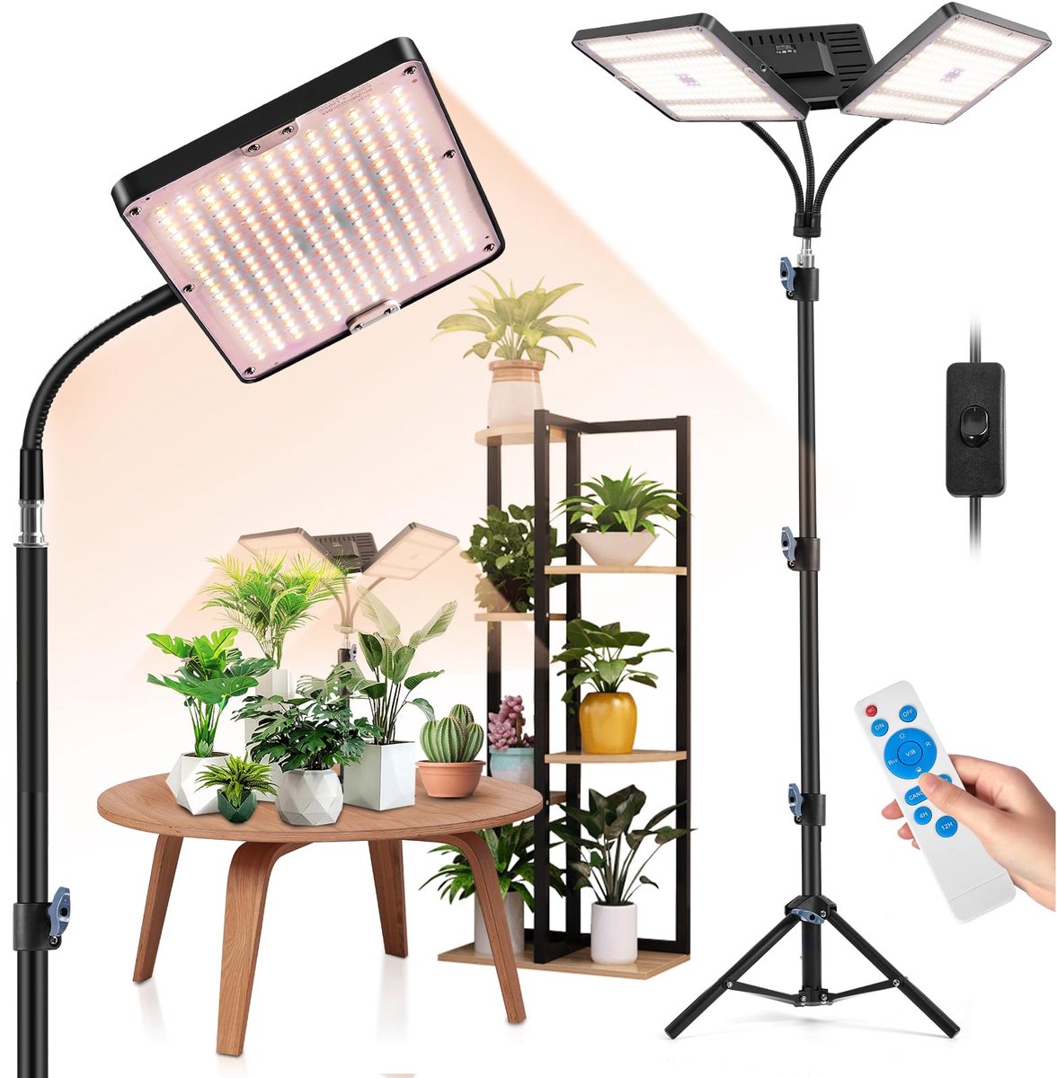 Epochglo LED Groeilicht met Verstelbaar Statief - 3-Koppig - 78W Plantenlamp Volledig Spectrum - 738 LEDs - 360° Flexibel - Met Timer & 10 Helderheidsniveaus - In Hoogte Verstelbaar - Kweeklamp Voor Binnenteelt, Moestuin & Kamerplanten