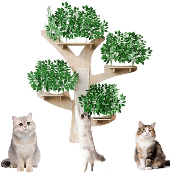 Krabpaal muur kattenboom klimmuur kat wandmontage massief grenenhout met krabvlak en platforms natuurlijke bladeren design kattenmeubel 155x210 cm houtkleur