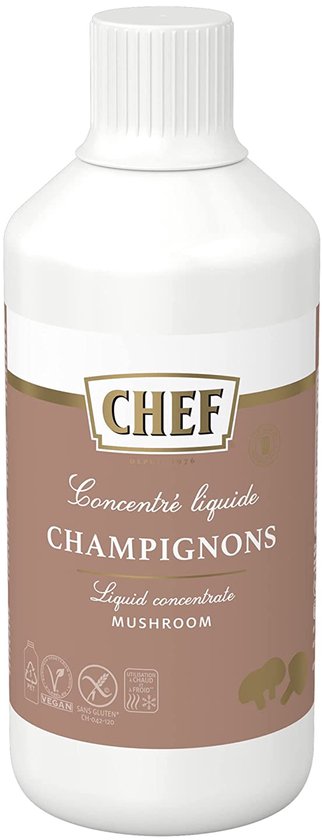 CHEF vloeibaar paddenstoelenconcentraat. Bruine fles met wit etiket en gouden logo.