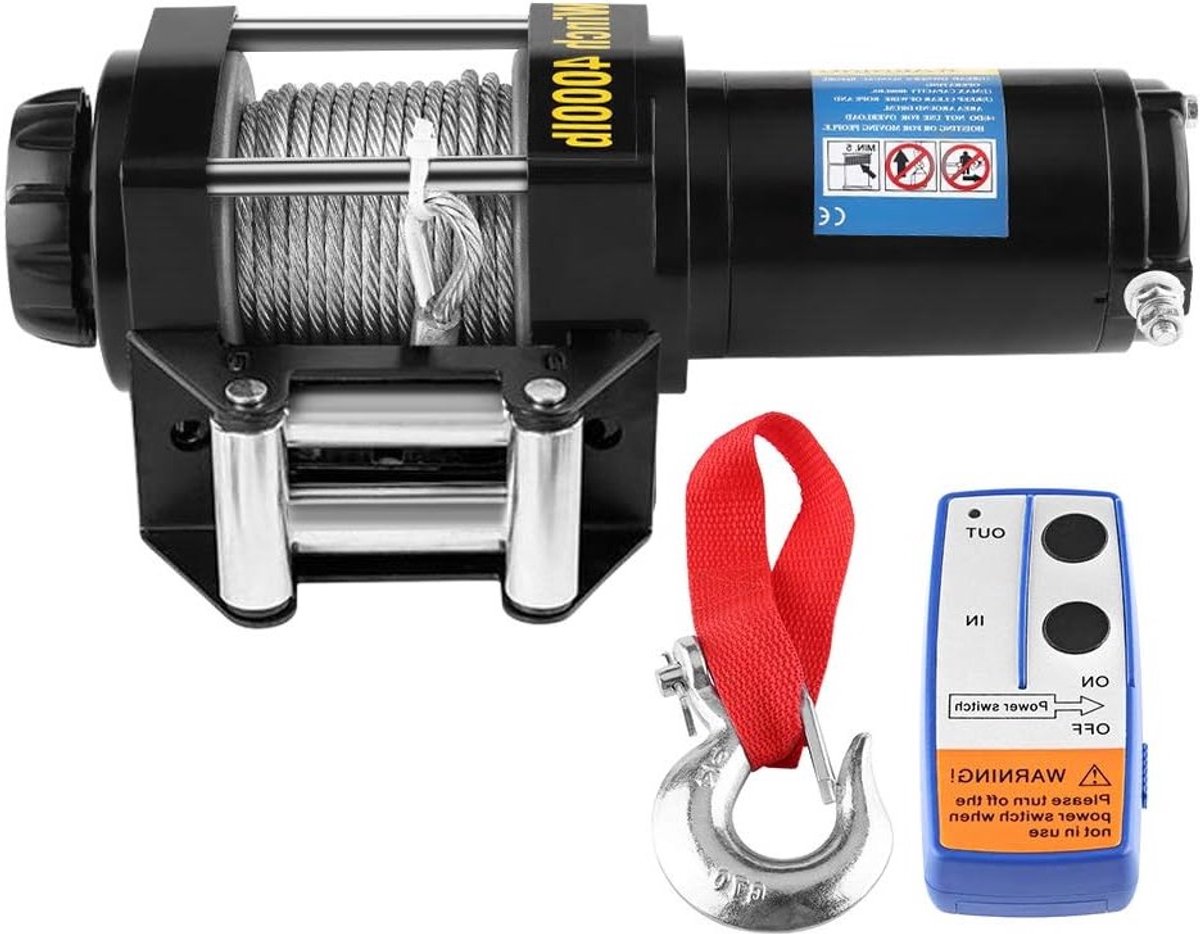 Krachtige 12V 4000lbs Elektrische Recovery Winch met IP67 Waterdichtheid voor ATV, UTV en Boot, Horizontaal en Verticaal Trekvermogen met 15m Kunststof Kabel en Sterke Koper Motor