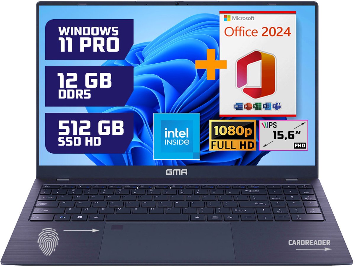 GMR 15.6" Full HD Laptop - Intel N95, 16GB RAM, 512GB SSD, Windows 11 Pro & Office 2024 - Ideaal voor Thuisgebruik, Kantoor & Studie