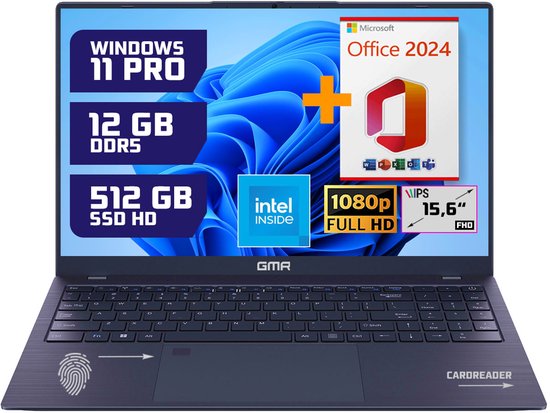 GMR 15.6" Full HD Laptop - Intel N95, 12GB RAM, 512GB SSD, Windows 11 Pro & Office 2024 - Ideaal voor Thuisgebruik, Kantoor & Studie - GMR - Hoofdafbeelding