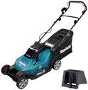 Turquoise Makita grasmaaier met opvangzak, zwarte handgrepen en los bijgeleverd kunststof onderdeel.
