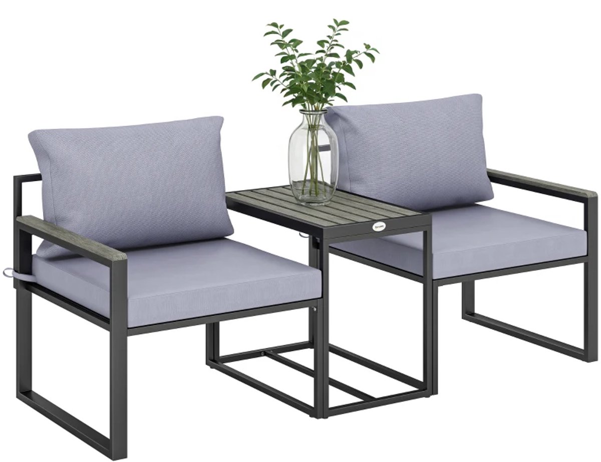 Bistroset - Tuinmeubel 3-delig - Tuinset - Balkonset - Tuinmeubelset met 2 Fauteuils + Tafel + Afneembare Zit- en Rugkussens - Balkonset - Zitgroep - Meubel - Loungeset - Meubelsets - voor Tuin, Balkon, Terras - Zwart + Grijs