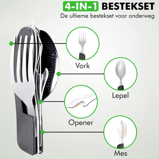Travelhawk Campingbestek - Inklapbaar - Roestvrij Staal - Vork, Lepel, Opener en Mes - 4-in-1 - Surival van Merkloos — afbeelding 3